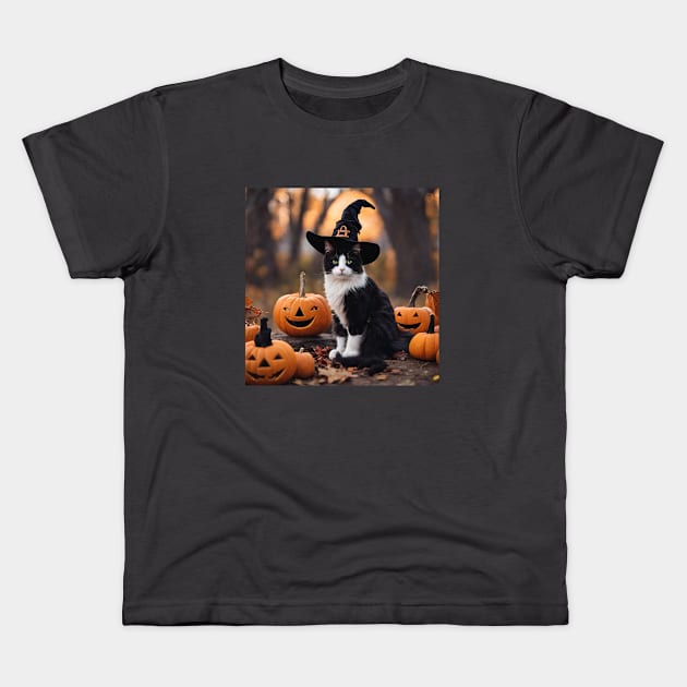 A Cute Cat with a Witches Hat Kids T-Shirt by nancy.hajjar@yahoo.com